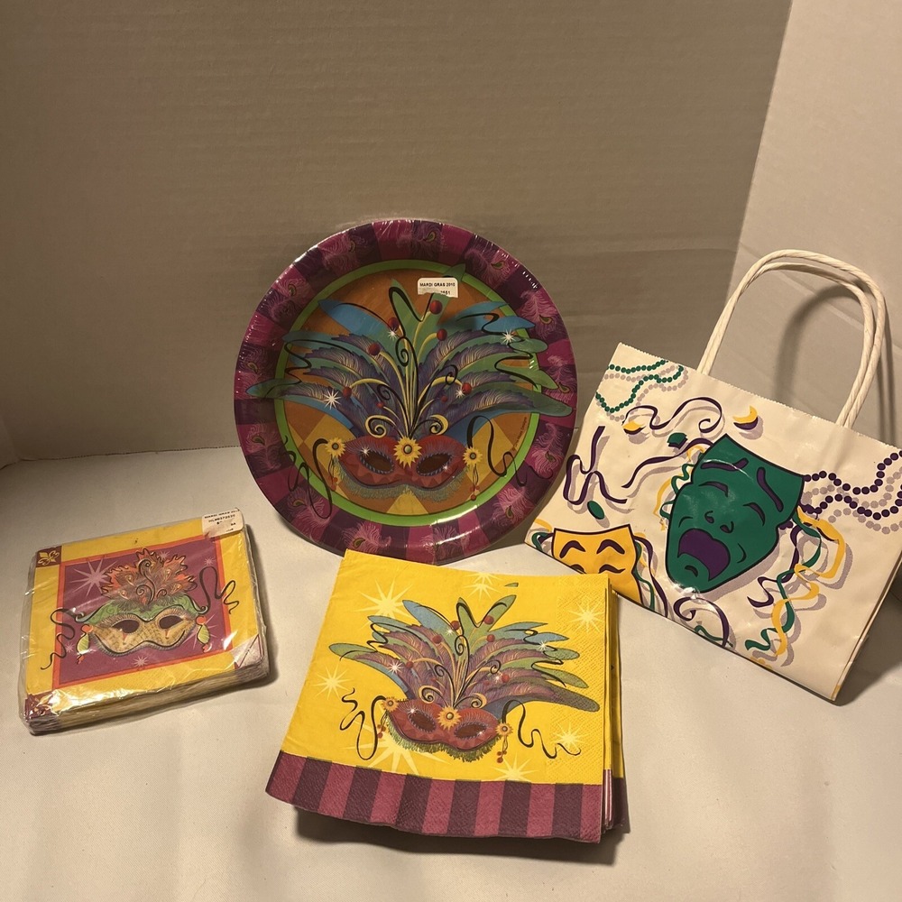 Mardi Gras Masquerade Party  Paper Plates And‎ Napkins Lot With A Vintage Bag